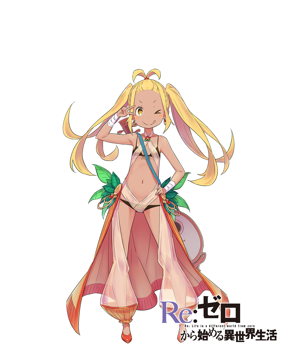 ootsuka shin'ichirou, liliana masquerade, re:zero kara hajimeru isekai seikatsu, highres, official art, > o, 1girl, arm up, bandaged wrist, bandages, bangs pinned back, banjo, bard, bare shoulders, bikini, black bikini, blonde hair, blush, breasts, closed mouth, clothing cutout, copyright name, crotchless, crotchless pants, dark-skinned female, dark skin, dress, earrings, english text, flat chest, flats, forehead, full body, halterneck, hand on own hip, harem outfit, holding, holding instrument, instrument, jewelry, leaf, licking lips, long hair, looking at viewer, navel, one eye closed, orange shoes, pants, see-through clothes, see-through pants, shoes, simple background, smile, solo, standing, swimsuit, thigh cutout, title, tongue, tongue out, twintails, v, v-shaped eyebrows, white background, white pants, yellow eyes