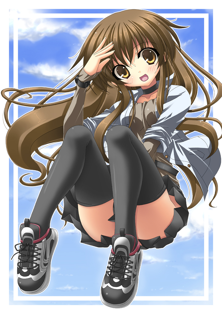 rappa (rappaya), blush, brown eyes, brown hair, choker, long hair, shoes, skirt, sneakers, solo, thighhighs