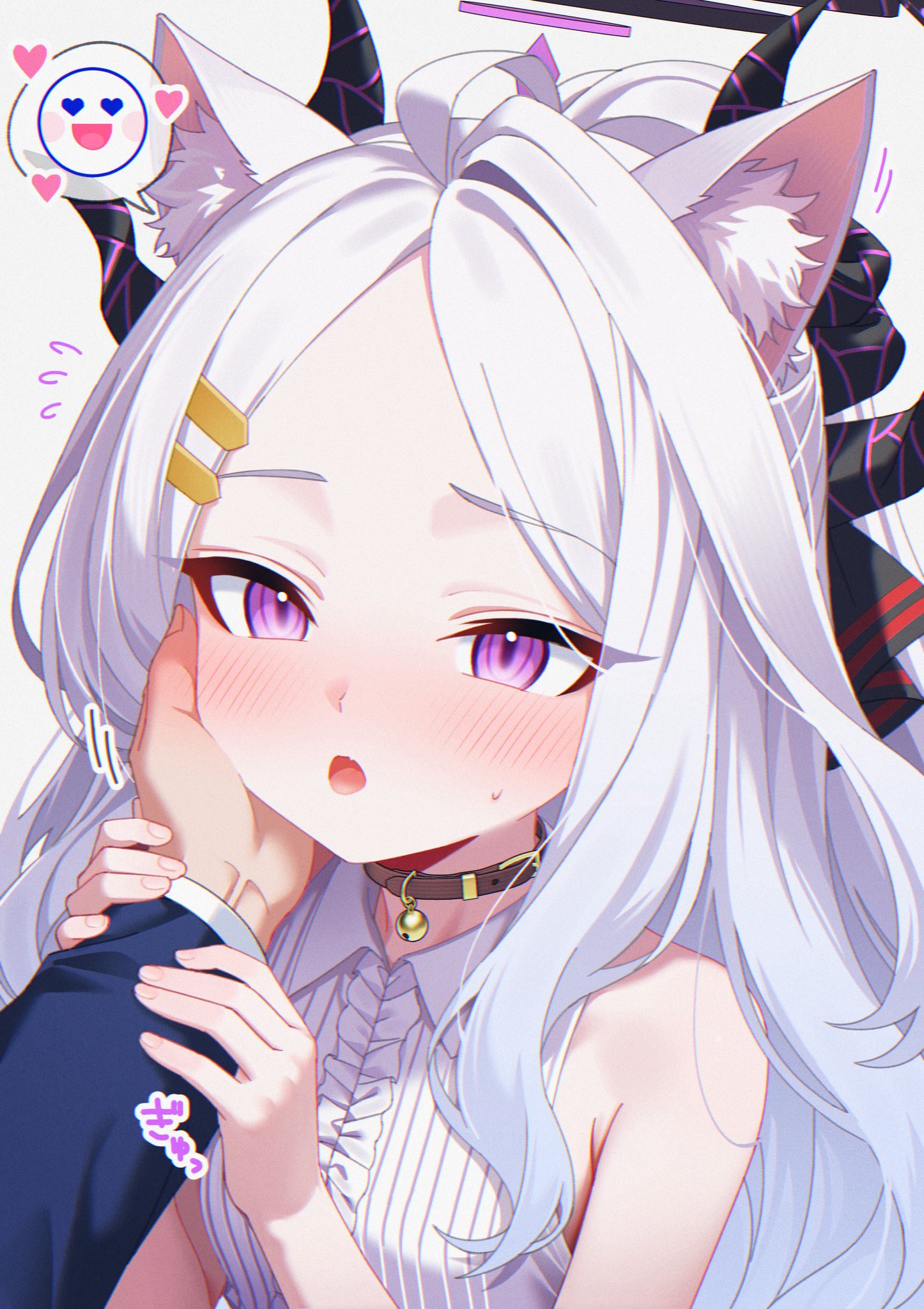 karaage (xxxmido02), hina (blue archive), sensei (blue archive), blue archive, highres, 1boy, 1girl, ahoge, black halo, blush, breasts, demon girl, demon horns, halo, horns, long hair, open mouth, purple eyes, small breasts, very long hair, white hair