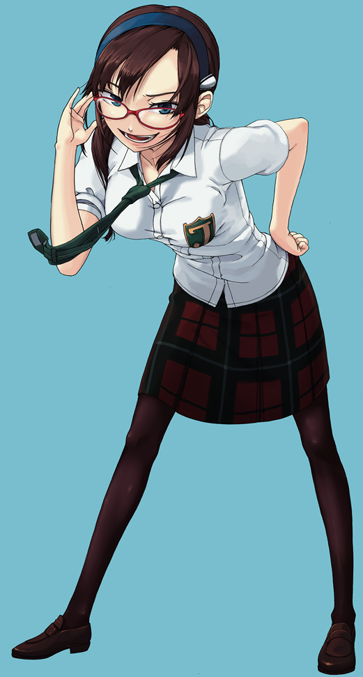 itsutsu, makinami mari illustrious, neon genesis evangelion, rebuild of evangelion, bad id, bad pixiv id, 00s, 1girl, adjusting eyewear, blue background, blue eyes, brown hair, female focus, glasses, hairband, hand on own hip, leaning forward, loafers, necktie, pantyhose, plaid clothes, plaid skirt, school uniform, shoes, simple background, skirt, solo