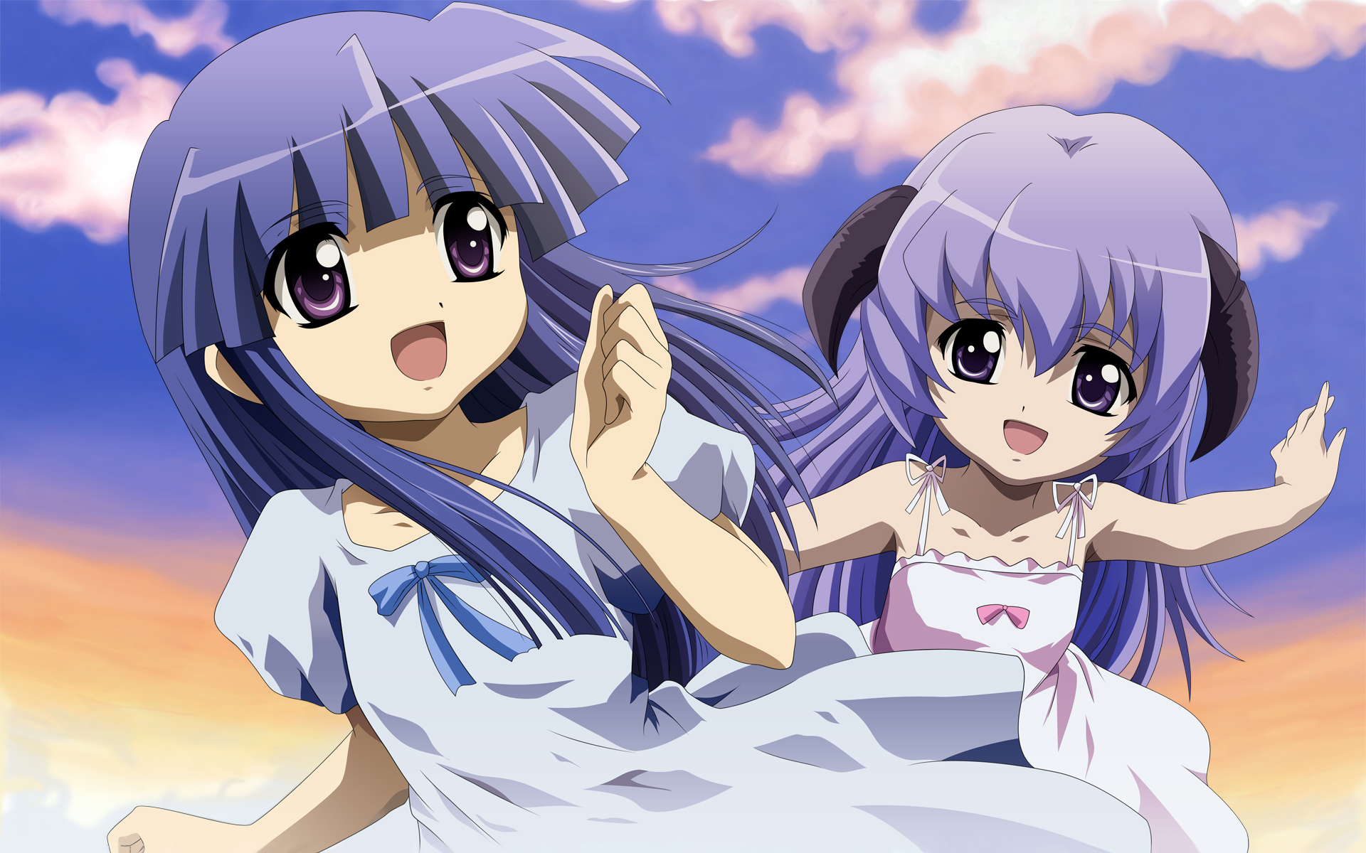hattori noritomo, sakai kyuuta, furude rika, hanyuu, higurashi no naku koro ni, derivative work, highres, vector trace, 00s, 2girls, blue hair, dress, horns, multiple girls, purple eyes, purple hair, ribbon, sky