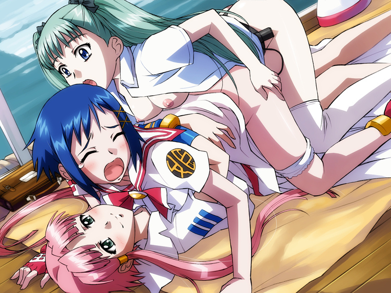 sameha ikuya, aika granzchesta, alice carroll, mizunashi akari, aria (manga), game cg, 00s, 3girls, bottomless, breasts, closed eyes, dildo, fff threesome, group sex, multiple girls, nipples, sex toy, strap-on, threesome, yuri