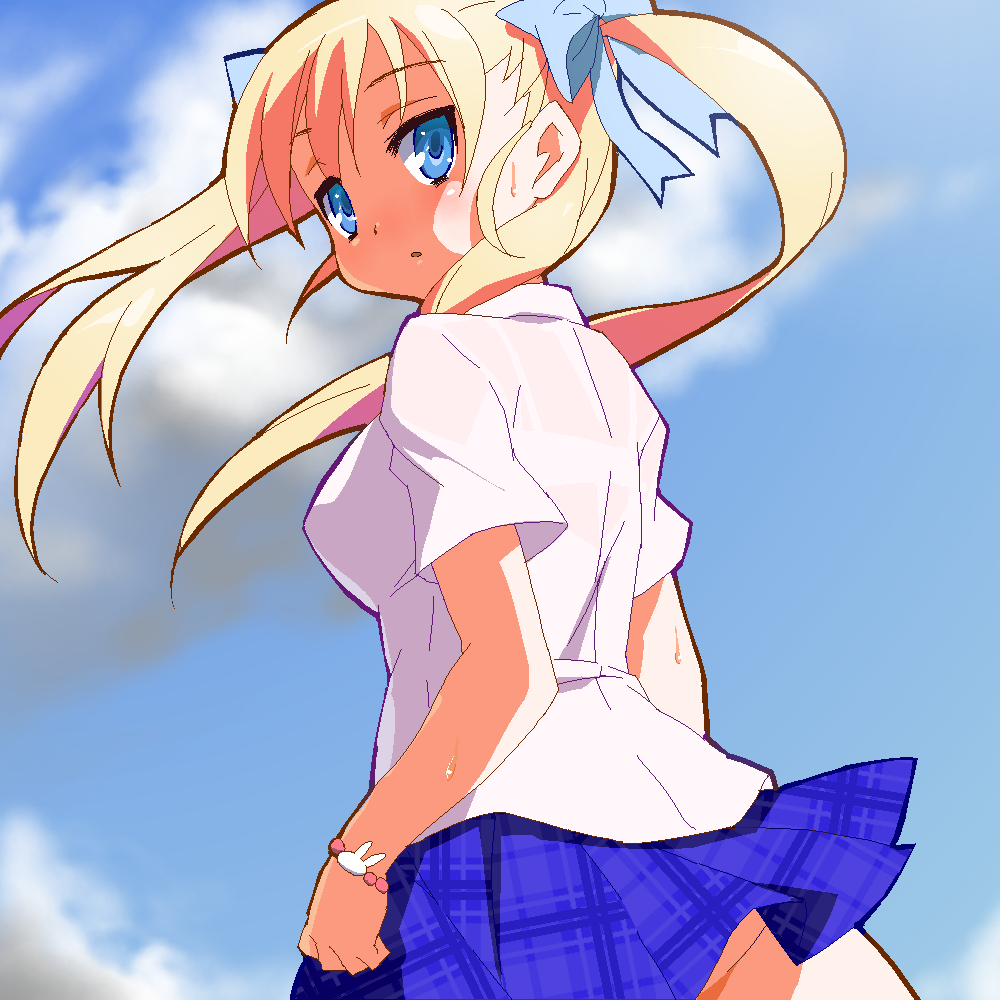9law, original, bad id, bad pixiv id, 1girl, blonde hair, blue eyes, bow, bracelet, breasts, female focus, hair bow, jewelry, no panties, oekaki, outdoors, school uniform, see-through clothes, sky, solo, twintails
