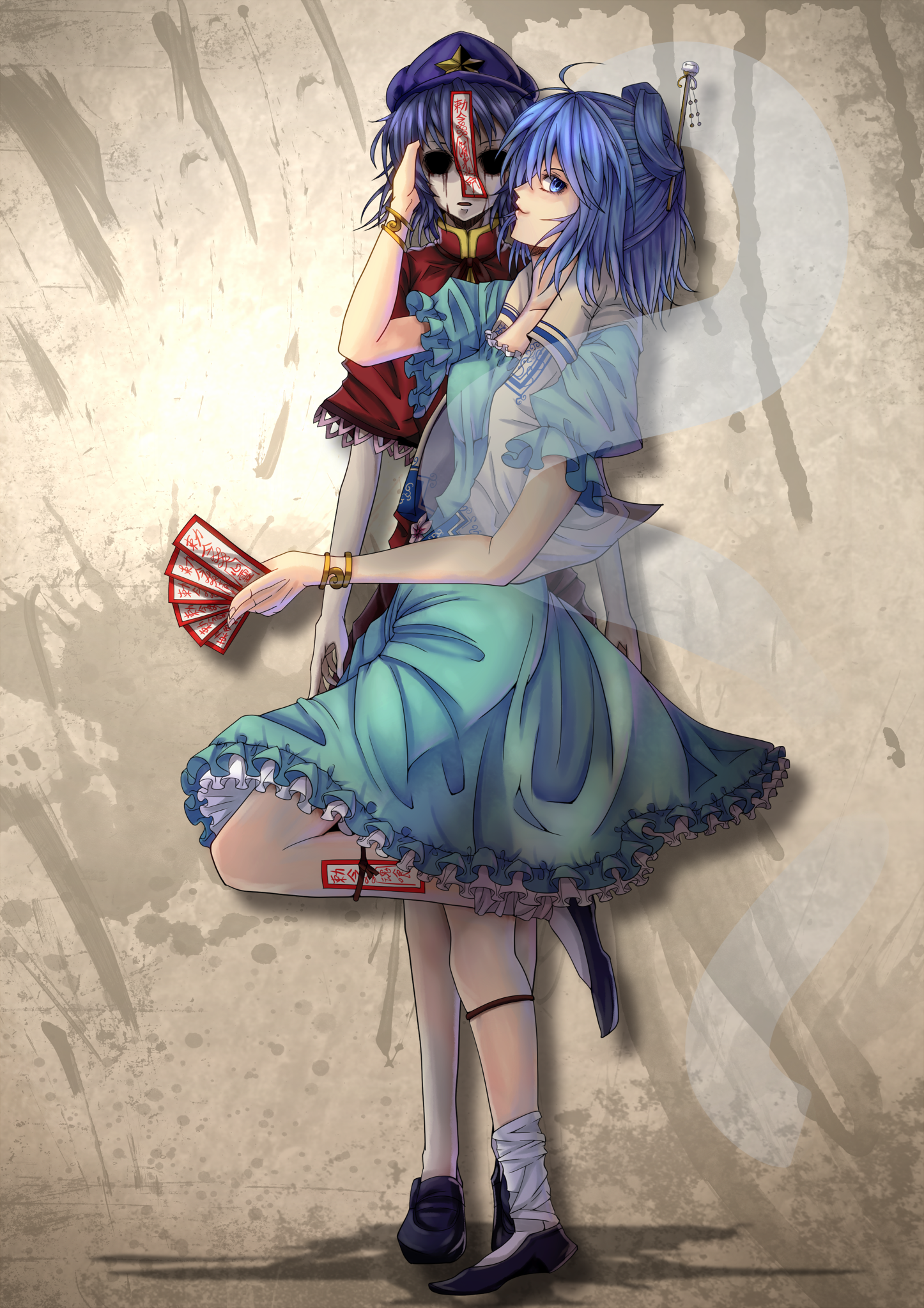 pandora-ex, kaku seiga, miyako yoshika, touhou, commentary request, highres, 2girls, black shoes, blood, bloody tears, blue dress, blue eyes, blue hair, brown background, closed mouth, colored skin, dress, expressionless, full body, grey skin, hagoromo, hair ornament, hair stick, hand on another's cheek, hand on another's face, hat, hat ornament, hollow eyes, jiangshi, lace-trimmed sleeves, lace trim, looking at viewer, multiple girls, newsboy cap, ofuda, purple hat, red shirt, shawl, shirt, shoes, short hair, short sleeves, smile, socks, standing, standing on one leg, star (symbol), star hat ornament, vest, white socks, white vest