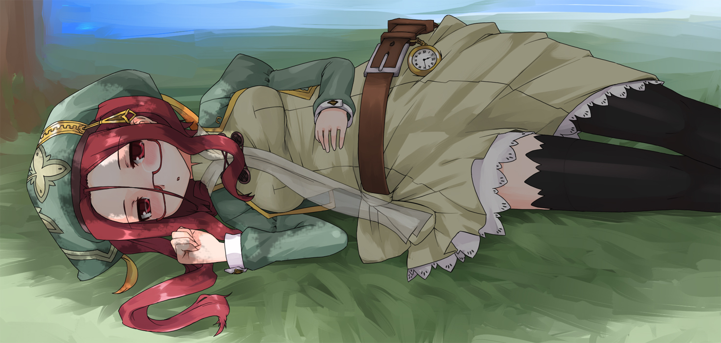 ktsecond, drop (rune factory), rune factory, rune factory frontier, 1girl, blush, female focus, lying, nature, outdoors, sky, solo, thighhighs, zettai ryouiki