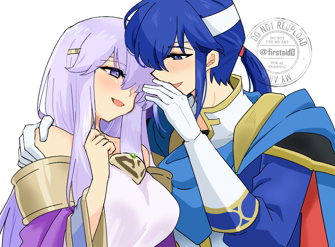 yukia (firstaid0), julia (fire emblem), seliph (fire emblem), fire emblem, fire emblem: genealogy of the holy war, nintendo, 1boy, 1girl, armor, bare shoulders, blue cape, blue eyes, blue hair, blush, breasts, brother and sister, cape, circlet, dress, gloves, hand on another's shoulder, headband, long hair, medium breasts, ponytail, purple eyes, purple hair, siblings, simple background, upper body, white gloves, white headband