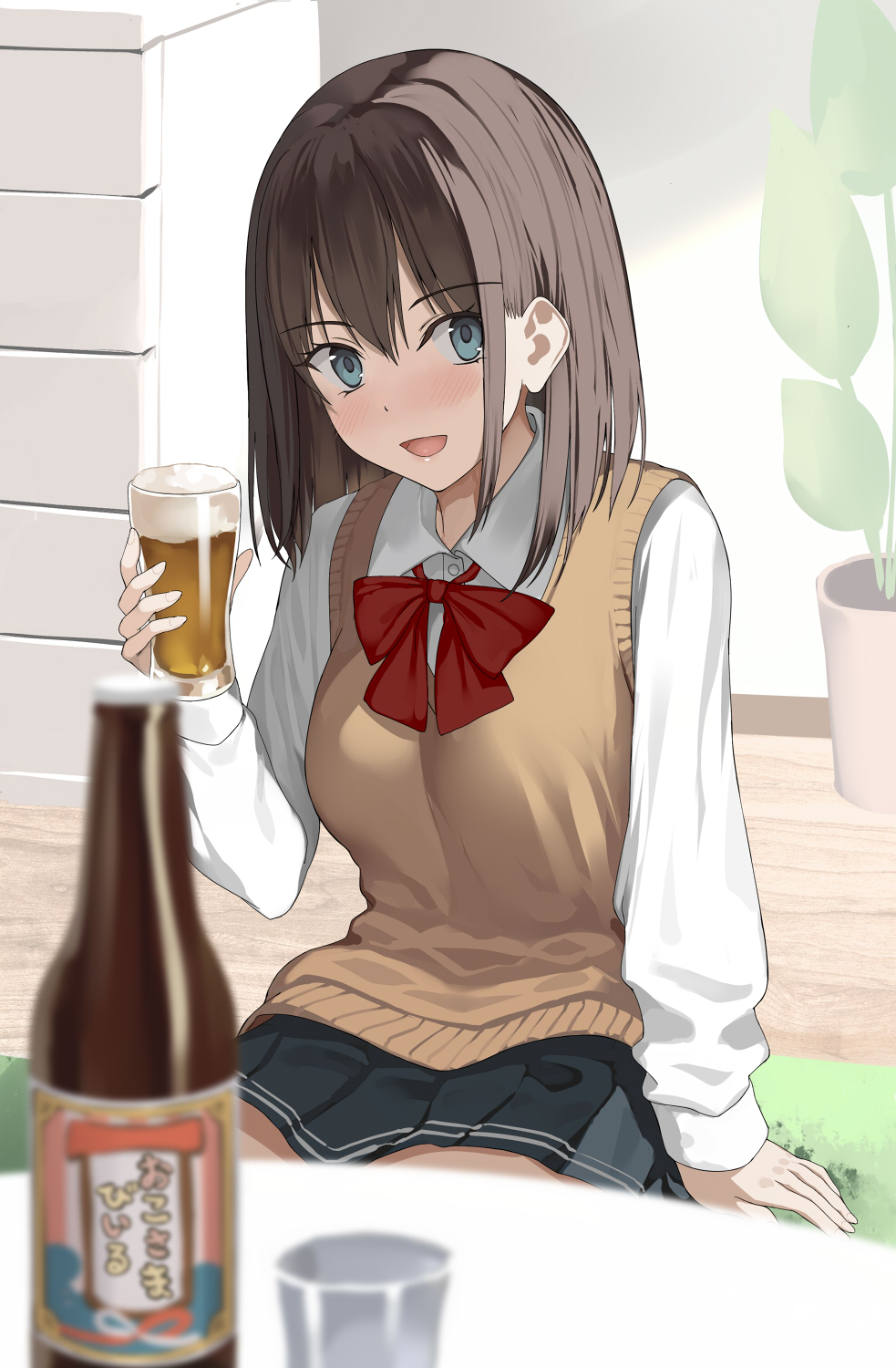 kureha (ironika), original, highres, 1girl, alcohol, beer mug, black skirt, blue eyes, blush, bow, breasts, brown hair, brown sweater vest, collared shirt, cup, hair between eyes, holding, holding cup, indoors, long hair, looking at viewer, medium breasts, mug, open mouth, plant, pleated skirt, potted plant, red bow, school uniform, shirt, sitting, skirt, smile, solo, sweater vest, white shirt