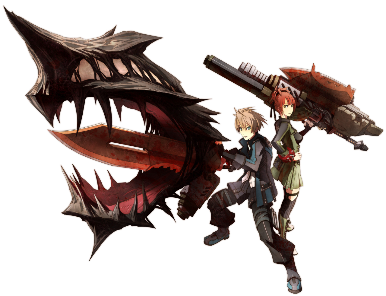 kannagi yuu (god eater), player (god eater burst), god eater, god eater burst, namco, official art, 10s, 1boy, 1girl, blue eyes, brown hair, coat, gun, red hair, skirt, sword, weapon