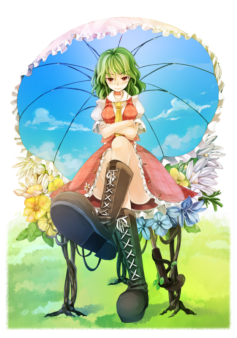 ringpearl, kazami yuuka, touhou, bad id, bad pixiv id, 1girl, ascot, boots, choker, crossed arms, crossed legs, day, female focus, flower, from below, green hair, lace-up boots, necktie, plaid clothes, plaid skirt, plaid vest, plant, red eyes, shaded face, short hair, sitting, skirt, skirt set, sky, solo, umbrella, vest
