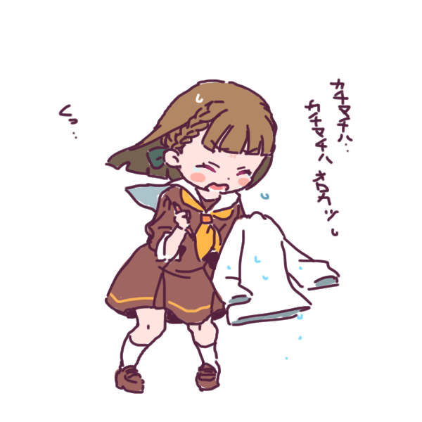 shinanoya (satanicad), kachimachi kosuzu, link! like! love live!, love live!, commentary request, translation request, 1girl, ^ ^, blush stickers, braid, brown dress, brown hair, brown shoes, center-flap bangs, closed eyes, deformed, dress, hasu no sora school uniform, holding, holding pen, holding shirt, holding unworn clothes, loafers, long hair, long sleeves, medium dress, neckerchief, open mouth, pen, pleated dress, sailor collar, sailor dress, school uniform, shirt, shoes, side braids, simple background, socks, solo, unworn shirt, v-shaped eyebrows, virtual youtuber, wet, wet clothes, wet shirt, white background, white sailor collar, white shirt, white socks, winter uniform, yellow neckerchief