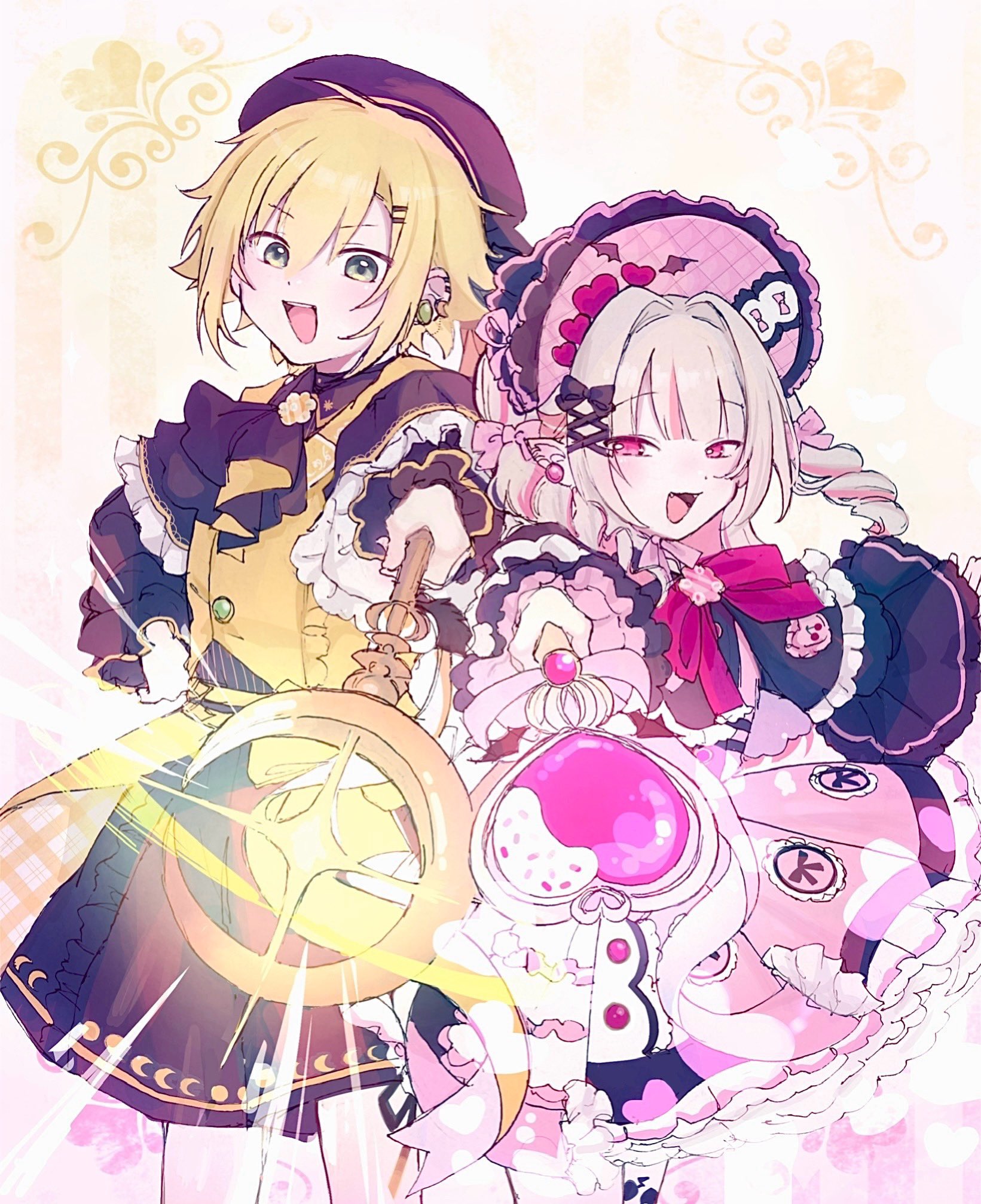 makaino ririmu, uzuki kou, nijisanji, highres, 1boy, 1girl, aida (ai d 2), ascot, beret, black ascot, blonde hair, bonnet, brown hair, capelet, dress, frilled sleeves, frills, glowing, green eyes, hat, holding, holding wand, long hair, long sleeves, magical boy, magical girl, official alternate costume, petticoat, pink eyes, short hair, simple background, vest, virtual youtuber, wand, white background, yellow vest