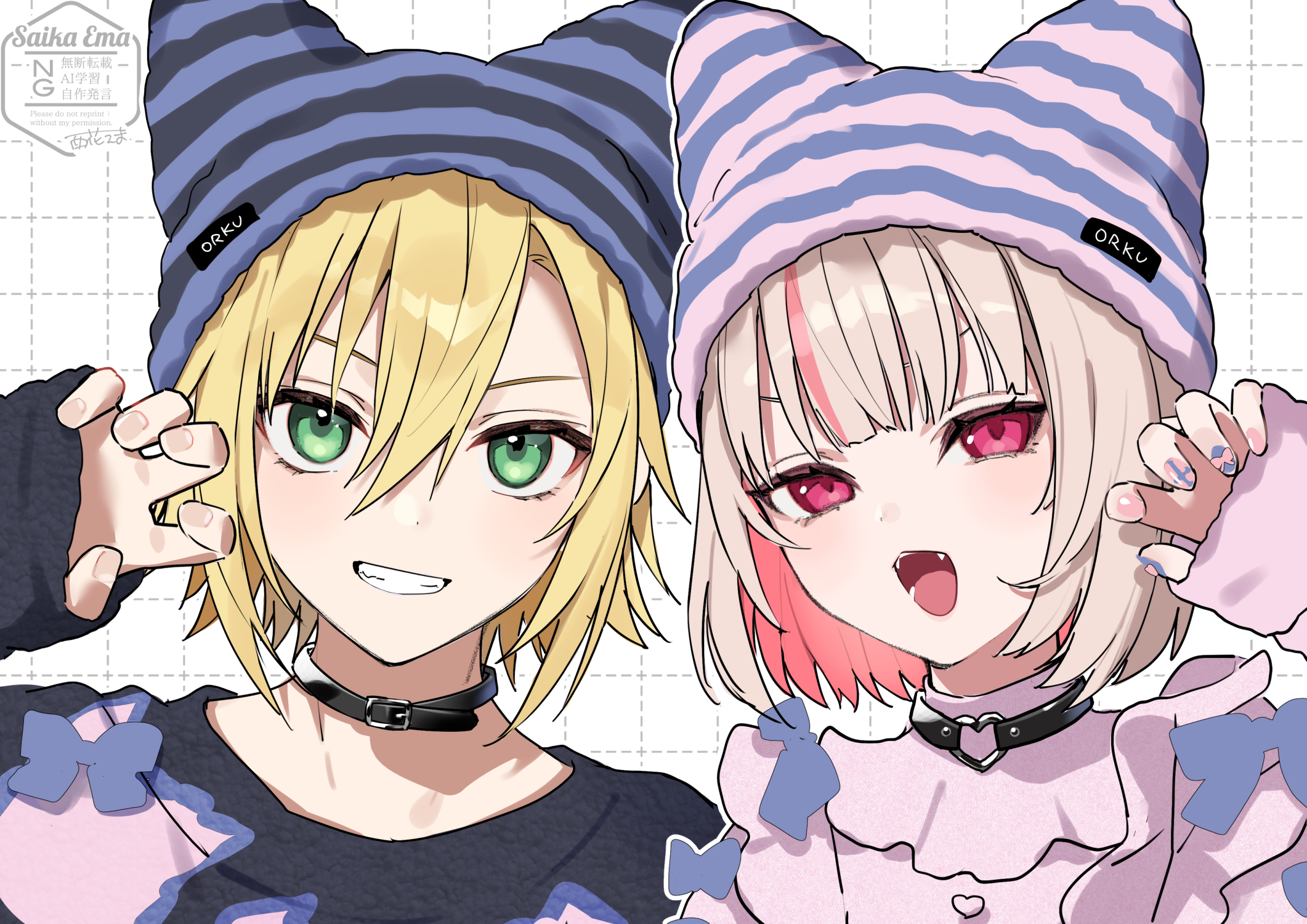potti-p, makaino ririmu, uzuki kou, nijisanji, highres, 1boy, 1girl, alternate costume, animal ear headwear, beanie, black choker, blonde hair, brown hair, choker, colored inner hair, fake animal ears, fangs, green eyes, grid background, grin, hand up, hat, looking at viewer, multicolored hair, nail polish, open mouth, pink eyes, short hair, sleeves past wrists, smile, upper body, virtual youtuber