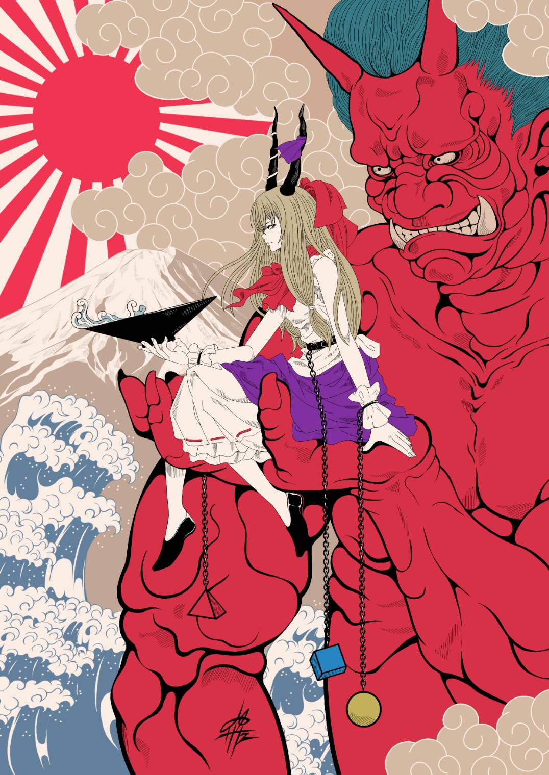 yamada satoshi, ibuki suika, shuten douji (mythology), japanese mythology, touhou, commentary request, highres, 1boy, 1girl, blonde hair, carrying, carrying person, chain, colored skin, cup, fine art parody, horns, long hair, looking at viewer, nihonga, oni, parody, profile, red skin, sakazuki, sideways glance, size difference, sunburst, teeth, waves