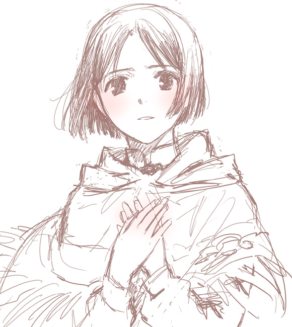 isara gunther, senjou no valkyria, senjou no valkyria (series), senjou no valkyria 1, non-web source, 00s, 1girl, blush, brown theme, capelet, female focus, fringe trim, monochrome, poncho, short hair, sketch, solo, spot color