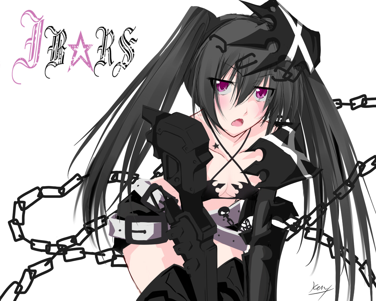 ken (coffee michikusa), insane black rock shooter, black rock shooter, 10s, 1girl, alternate costume, angry, belt, belt skirt, fangs, female focus, grey hair, purple eyes, solo, twintails