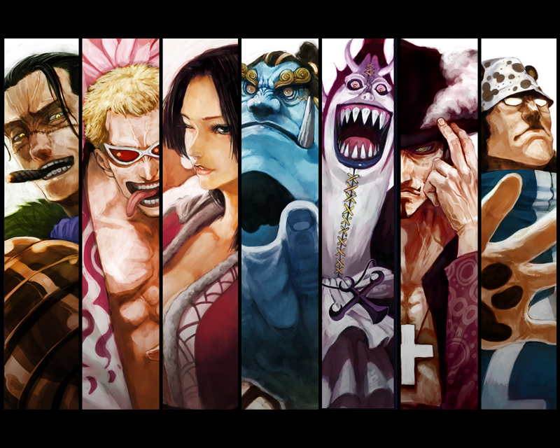 lack, bartholomew kuma, boa hancock, crocodile (one piece), donquixote doflamingo, dracule mihawk, gecko moria, jinbe (one piece), one piece, 1girl, 6+boys, abs, amazon warrior, amputee, animal ears, ascot, bear ears, beard, black eyes, black hair, blonde hair, blue skin, cigar, colored skin, column lineup, cross, everyone, facial hair, goatee, hat, hat tip, hook, hook hand, horns, jacket, jewelry, letterboxed, monster boy, multiple boys, muscular, mustache, necklace, one eye closed, open clothes, open jacket, open shirt, pale skin, pendant, pirate, purple hair, scar, sharp teeth, shirt, simple background, smoking, stitches, sunglasses, teeth, tongue, tusks, white skin, wink, yellow eyes