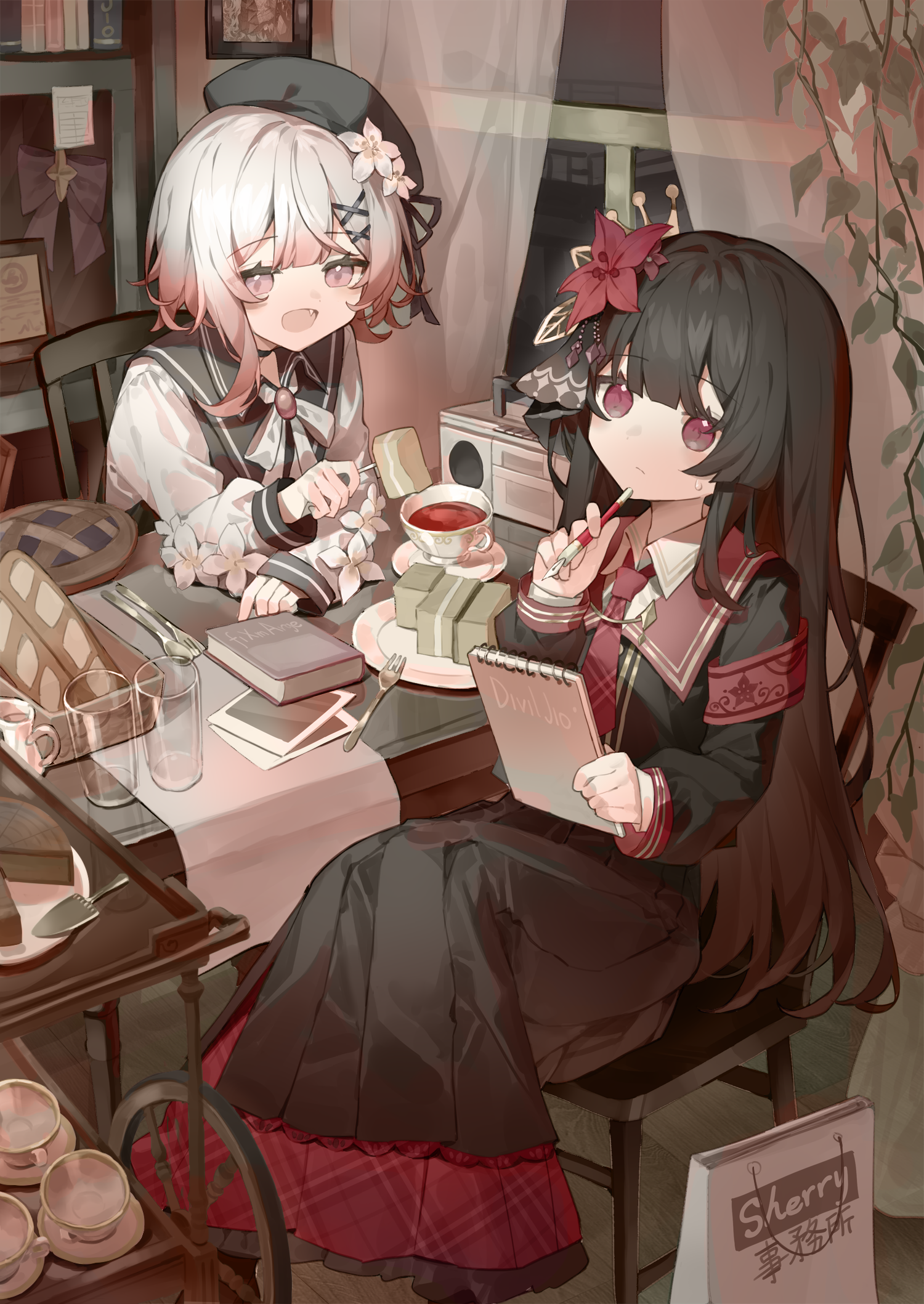 maidcode1023, nikaido hiro, sakuraba ema, mahou shoujo no majo saiban, chinese commentary, commentary request, highres, mixed-language commentary, 2girls, armband, black choker, black dress, black hair, black hat, bread, cassette player, chair, choker, cup, curtains, dress, fang, flower, food, fork, hair flower, hair ornament, hat, holding, holding fork, indoors, long hair, long sleeves, medium hair, multiple girls, pink eyes, red eyes, shirt, sitting, white hair, white shirt