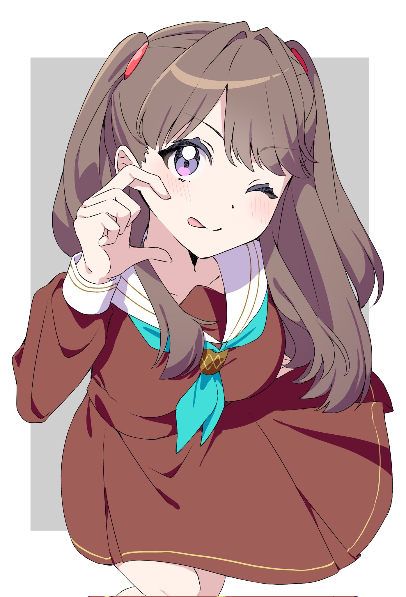 kai (shell), fujishima megumi, link! like! love live!, love live!, commentary, corrupted twitter file, highres, 1girl, ;p, aqua neckerchief, blush, border, breasts, brown dress, brown hair, closed mouth, collarbone, dress, feet out of frame, grey background, half-heart hands, hasu no sora school uniform, large breasts, long hair, looking at viewer, medium dress, neckerchief, one eye closed, outside border, pleated dress, purple eyes, sailor collar, sailor dress, school uniform, simple background, smile, solo, split mouth, tongue, tongue out, two side up, v-shaped eyebrows, virtual youtuber, white border, white sailor collar, winter uniform