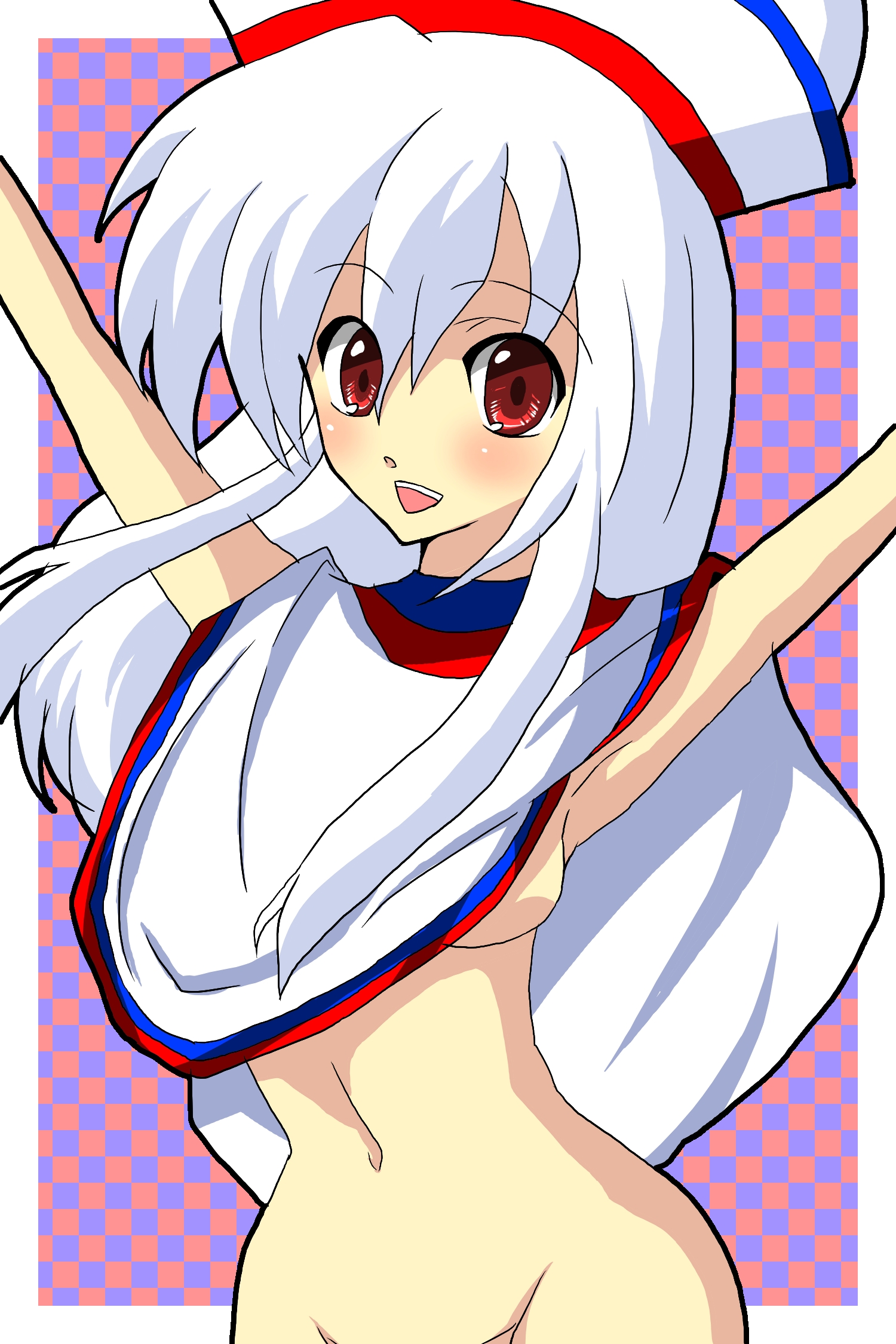 no (yuki), hakata-san, original, highres, 1girl, arms up, breasts, female focus, long hair, naked poncho, navel, no panties, open mouth, out-of-frame censoring, poncho, red eyes, sideboob, solo, white hair