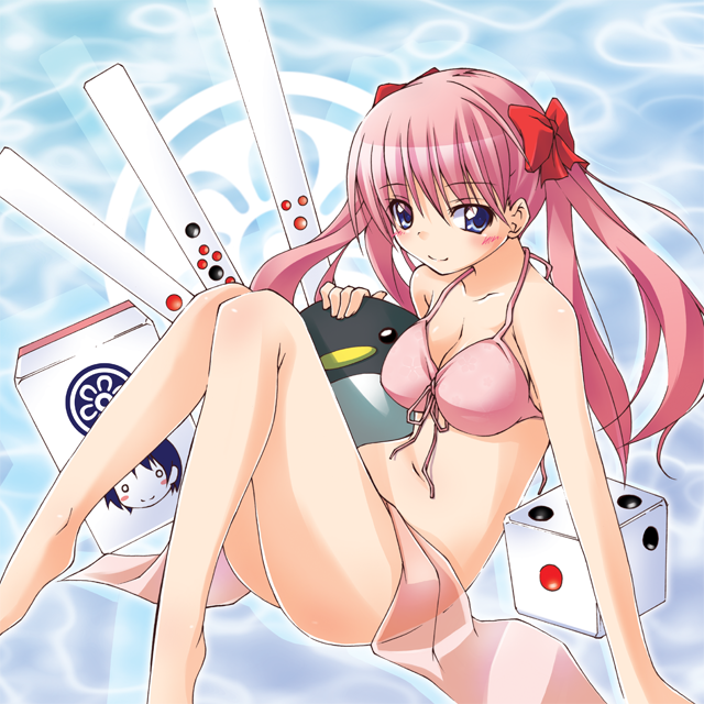 satakeyura, haramura nodoka, saki (manga), 00s, 1girl, barefoot, bikini, bird, blush, board game, breasts, dice, female focus, front-tie top, mahjong, mahjong tile, penguin, pink bikini, pink hair, ribbon, smile, solo, swimsuit, twintails