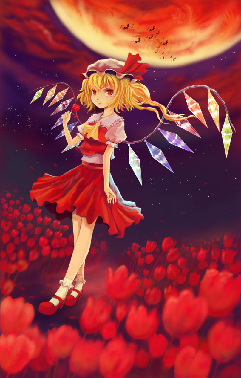 mg42cat-k1ng, flandre scarlet, embodiment of scarlet devil, touhou, bad id, bad pixiv id, highres, 1girl, bat (animal), blonde hair, female focus, flower, hat, mob cap, moon, nature, outdoors, ponytail, red eyes, red moon, red shoes, shoes, short hair, side ponytail, sky, solo, tulip, wings
