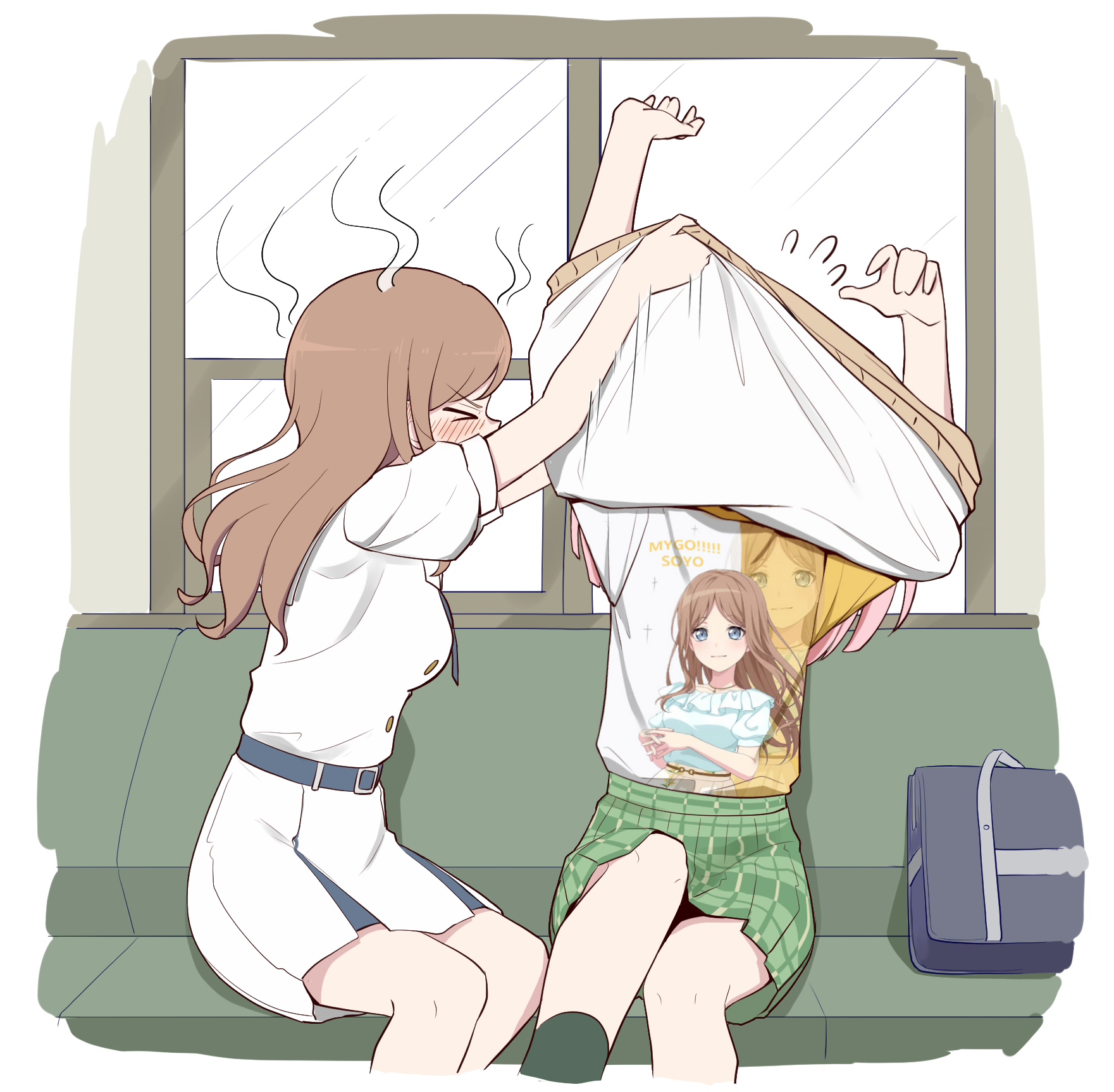 anglediana, chihaya anon, nagasaki soyo, bang dream!, bang dream! it's mygo!!!!!, chinese commentary, commentary request, highres, 2girls, arms up, bag, belt, blue belt, blush, breasts, brown hair, dress, embarrassed, green skirt, haneoka school uniform, long hair, medium breasts, multiple girls, puffy short sleeves, puffy sleeves, school bag, school uniform, short sleeves, skirt, tsukinomori school uniform, undressing another, white dress