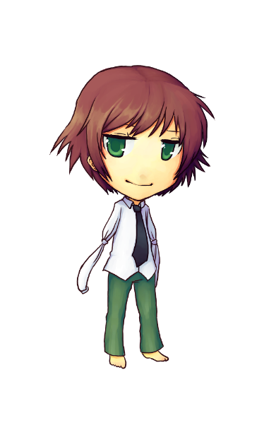 daikai, tezuka rin, katawa shoujo, gender request, 10s, amputee, androgynous, armless amputee, chibi, double amputee, green eyes, necktie, red hair, reverse trap, short hair, solo