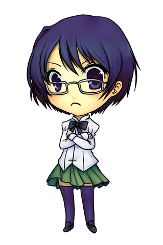 daikai, hakamichi shizune, katawa shoujo, lowres, 10s, blue eyes, blue hair, bow, chibi, crossed arms, glasses, simple background, skirt, solo, thighhighs