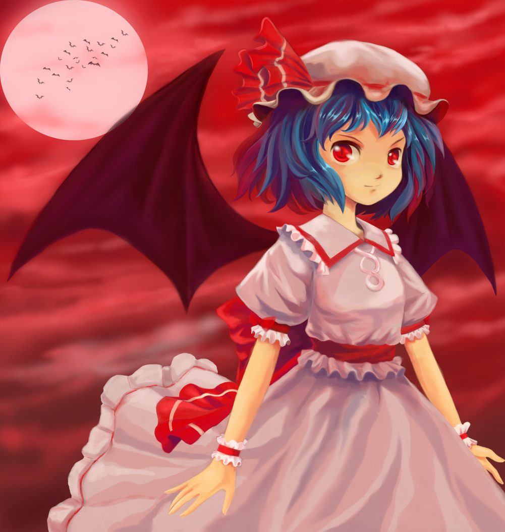 mg42cat-k1ng, remilia scarlet, touhou, bad id, bad pixiv id, 1girl, bat (animal), bat wings, blue hair, female focus, hat, moon, red eyes, red moon, short hair, solo, wings