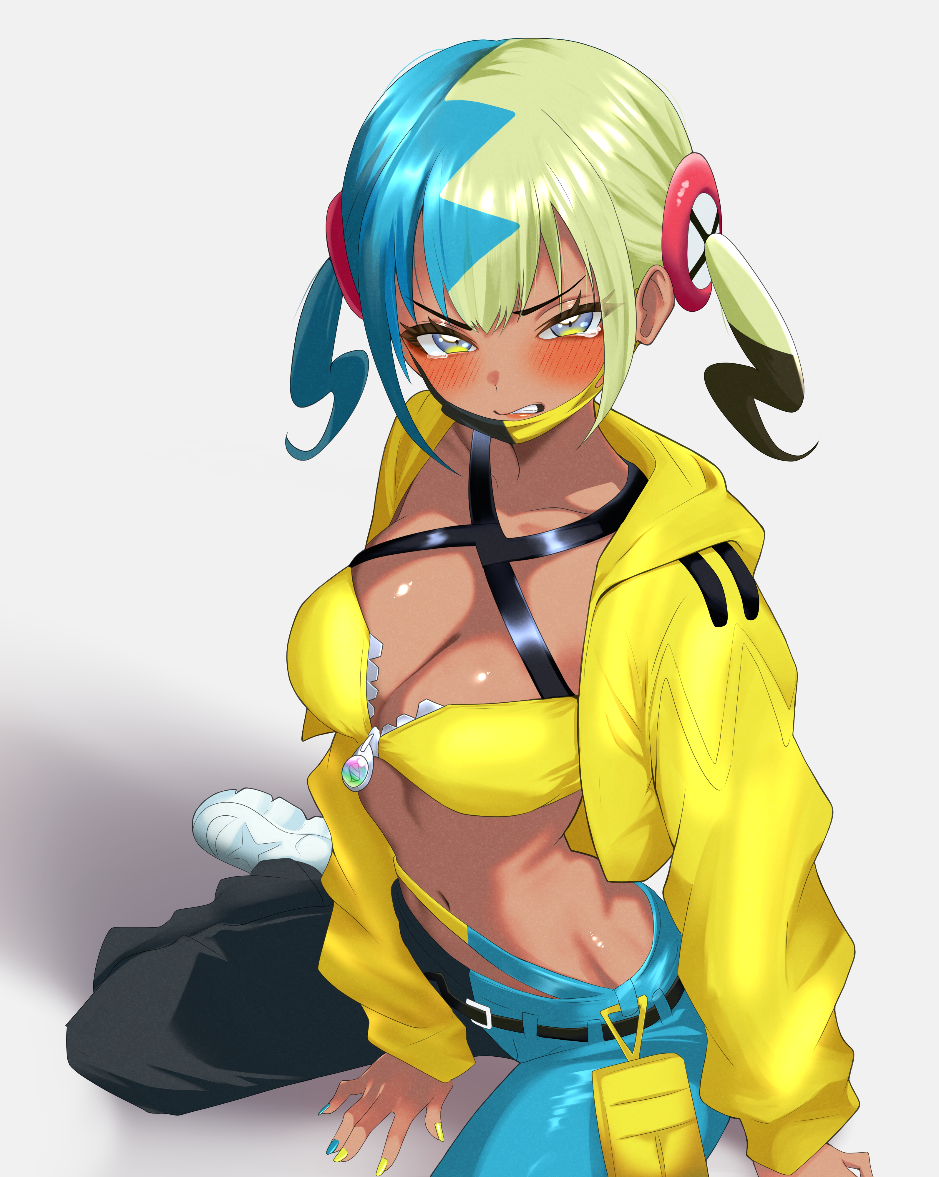 shirokumaru (yafm7388), canari (pokemon), nintendo, pokemon, pokemon legends: z-a, absurdres, highres, 1girl, aqua hair, blonde hair, blue eyes, blush, breasts, cleavage, clenched teeth, dark-skinned female, dark skin, large breasts, looking at viewer, mask, mask pull, midriff, mouth mask, multicolored hair, navel, pants, parted lips, shoes, sitting, solo, split-color hair, teeth, twintails, v-shaped eyebrows, white shoes