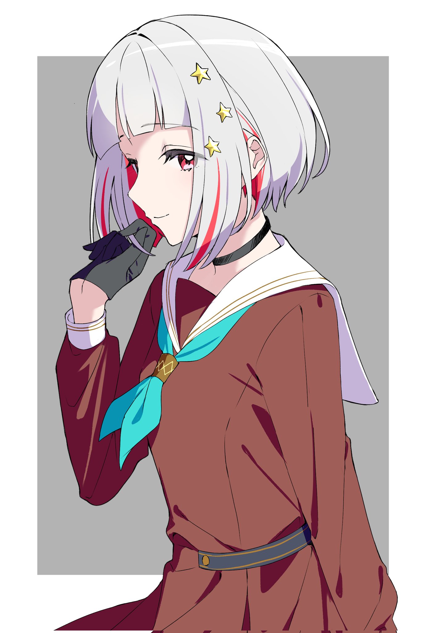 kai (shell), yugiri tsuzuri, link! like! love live!, love live!, commentary, corrupted twitter file, highres, 1girl, aqua neckerchief, black choker, black gloves, border, breasts, brown dress, choker, closed mouth, colored inner hair, dress, gloves, grey background, hair ornament, half gloves, hasu no sora school uniform, long sleeves, looking at viewer, multicolored hair, neckerchief, outside border, profile, red eyes, red hair, sailor collar, sailor dress, school uniform, simple background, small breasts, smile, solo, star (symbol), star hair ornament, streaked hair, virtual youtuber, white border, white hair, white sailor collar, winter uniform