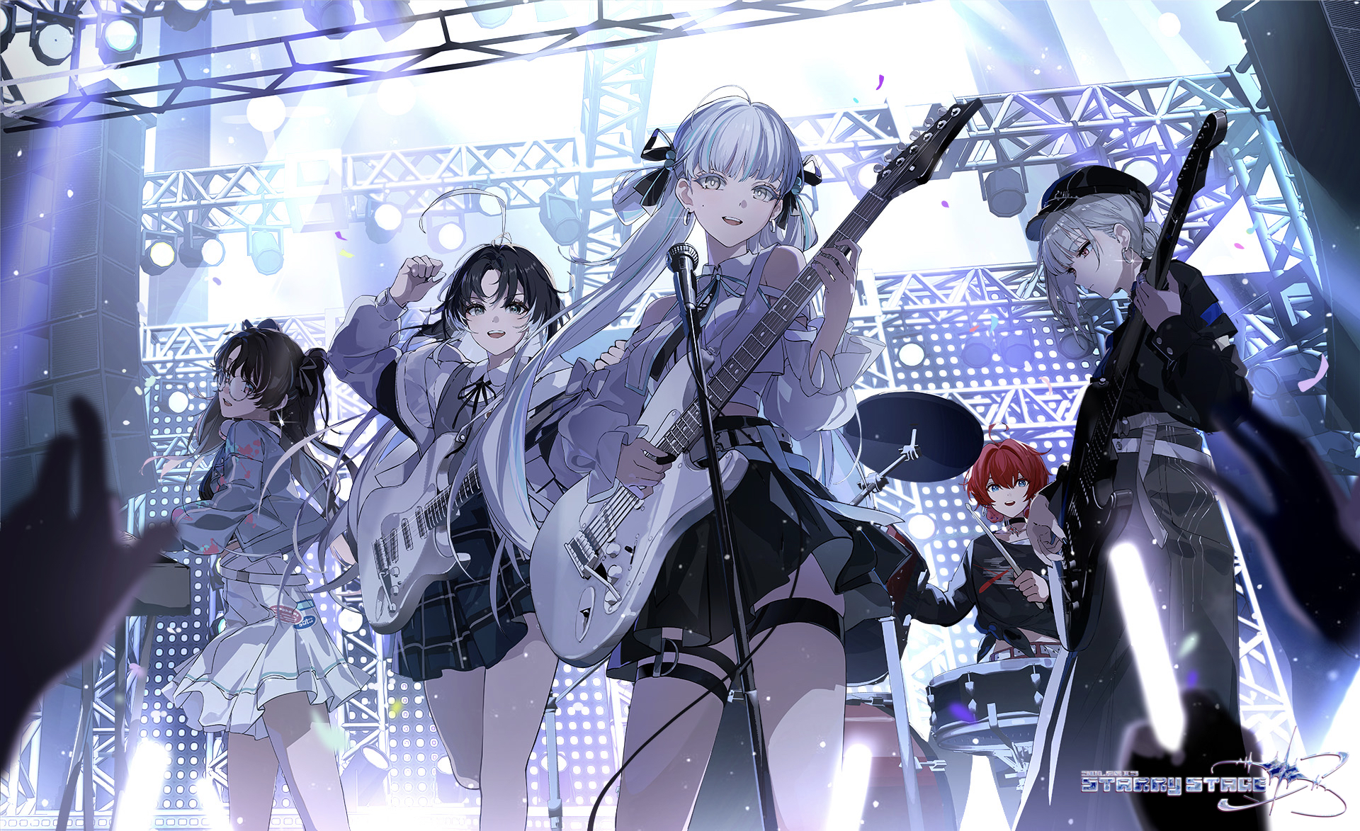 oekaki taro, danjin (wuthering waves), jianxin (wuthering waves), jinhsi (wuthering waves), sanhua (wuthering waves), zhezhi (wuthering waves), wuthering waves, commentary, english commentary, highres, official art, 5girls, ahoge, alternate costume, arm up, bare shoulders, belt, black bow, black eyes, black hair, black hat, black shirt, black skirt, blue eyes, bow, breasts, bright pupils, brown hair, closed mouth, colored eyelashes, colored inner hair, earrings, electric guitar, fender stratocaster, glasses, grey hair, grey pants, guitar, hair bow, hat, holding, holding guitar, holding instrument, hoop earrings, huge ahoge, idol, instrument, jacket, jewelry, long hair, looking at viewer, medium breasts, microphone stand, multicolored hair, multiple girls, music, open mouth, pants, parted lips, plaid clothes, plaid skirt, playing instrument, red eyes, red hair, round eyewear, shirt, skirt, smile, white belt, white eyelashes, white eyes, white hair, white jacket, white pupils, white skirt