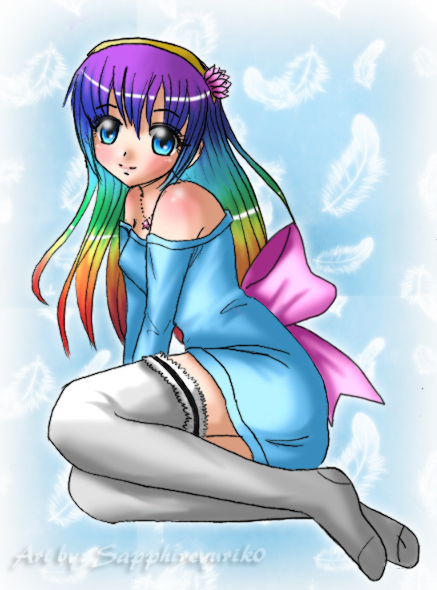 sapphireyuriko, kiwi koneko, sapphire, original, 1girl, aged down, blue eyes, bottomless, feathers, female focus, flower, full body, jewelry, long hair, mystic, necklace, off shoulder, rainbow, ribbon, socks, solo, thighhighs, white socks, white thighhighs