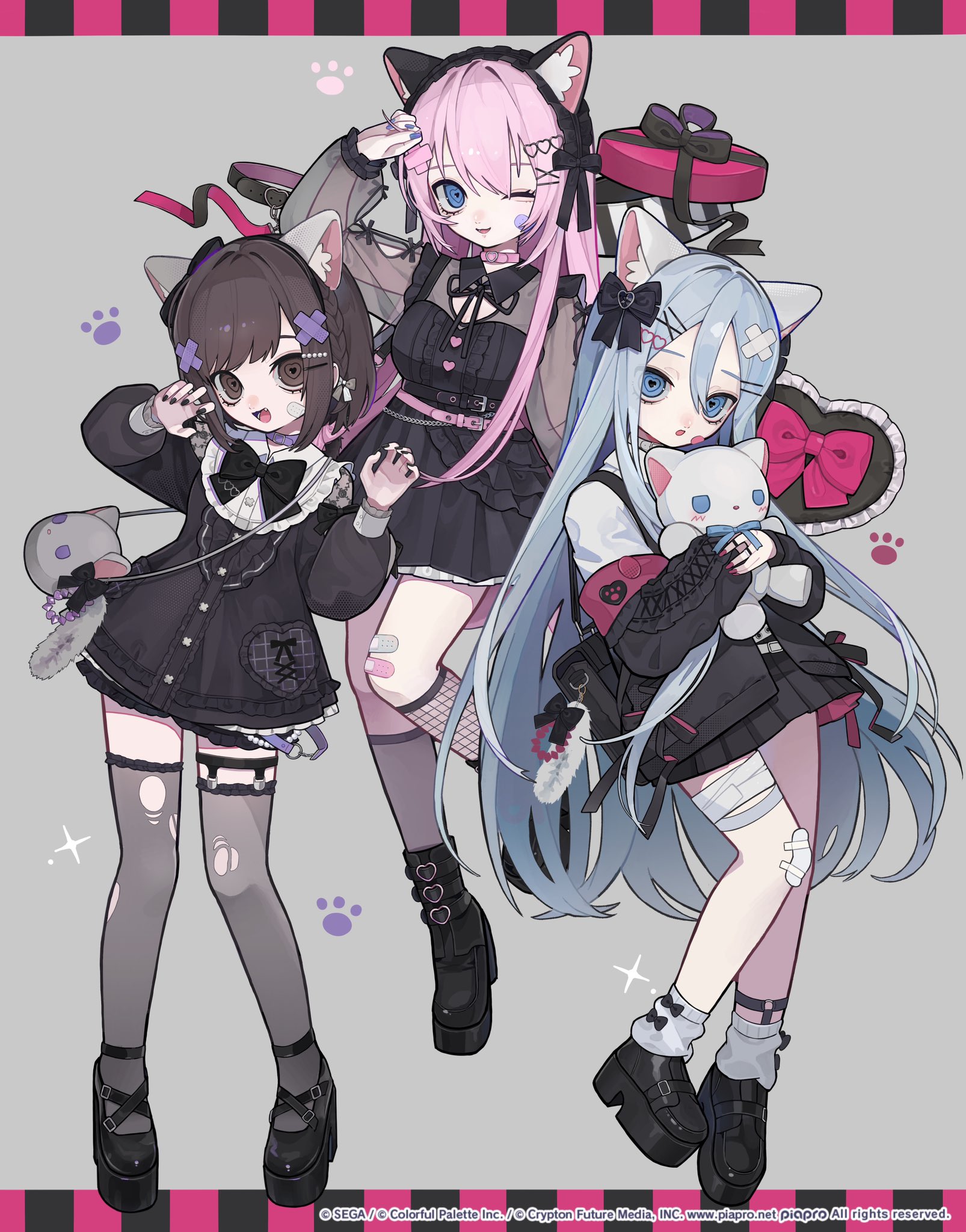 tira 27, 25-ji luka, megurine luka, shinonome ena, yoisaki kanade, cat loving (cevio), project sekai, vocaloid, commentary, highres, official art, 3girls, animal bag, animal ear hairband, animal ears, aqua hair, arm up, asymmetrical legwear, bag, bag charm, bandaged leg, bandages, bandaid, bandaid on face, bandaid on knee, bandaid on leg, belt, belt collar, bib collar, black bag, black belt, black bow, black bowtie, black dress, black jacket, black nails, black ribbon, black shoes, blue bow, blue bowtie, blue eyes, blue nails, bow, bowtie, box, braid, breasts, brown eyes, brown hair, cat ear hairband, cat ears, center frills, chain, charm (object), claw pose, collar, contrapposto, copyright notice, dress, dress ribbon, fake animal ears, fang, fishnet kneehighs, frilled headwear, frills, full body, gauze on knee, gift, gift box, grey background, grey hair, hair between eyes, hair bow, hair ornament, hairband, half crown braid, hand up, hands up, heart, heart-shaped pillow, heart hair ornament, holding, holding stuffed toy, jacket, jacket partially removed, jirai kei, kneehighs, knees together feet apart, leg up, legwear garter, letterboxed, long hair, long sidelocks, long sleeves, looking at viewer, loose socks, mary janes, medium breasts, multiple girls, neck ribbon, one eye closed, open mouth, parted bangs, paw print, pillow, pink belt, pink collar, pink hair, pink nails, platform shoes, puffy long sleeves, puffy sleeves, purple collar, ribbon, see-through clothes, see-through sleeves, see-through thighhighs, shirt, shoes, short dress, short hair, shorts, shoulder bag, side braid, sidelocks, sleeve bow, socks, standing, standing on one leg, stuffed animal, stuffed cat, stuffed toy, swept bangs, thighhighs, torn clothes, torn thighhighs, very long hair, very long sidelocks, white belt, white collar, white shirt, white socks, x hair ornament