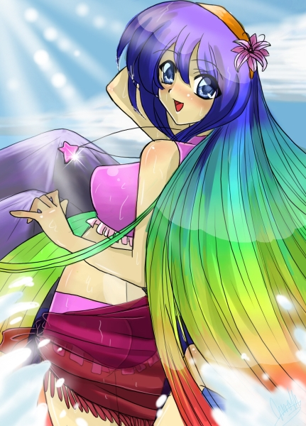 kiwi koneko, original, 1girl, bikini, blue eyes, day, fantasy, female focus, flower, jewelry, long hair, mystic, necklace, rainbow, sarong, sky, solo, sunlight, swimsuit, very long hair, water, wet
