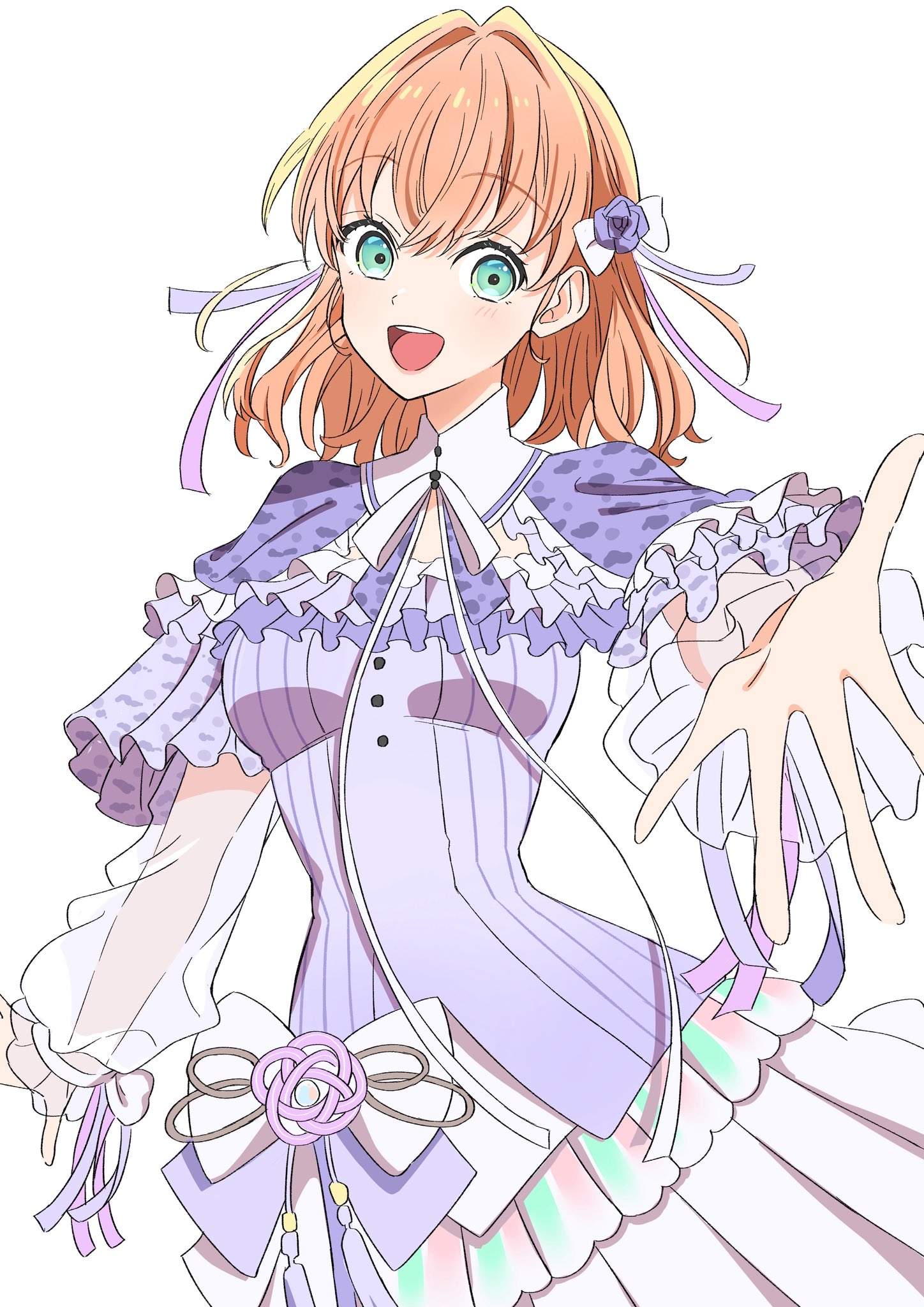 bien (djpwjd1), hinoshita kaho, link! like! love live!, love live!, costume request, highres, 1girl, aqua eyes, breasts, capelet, detached collar, flower, hair flower, hair ornament, hair ribbon, long sleeves, looking at viewer, medium breasts, medium hair, neck ribbon, offering hand, orange hair, pleated skirt, purple capelet, purple flower, purple ribbon, purple rose, purple shirt, ribbon, rose, see-through clothes, see-through sleeves, shirt, simple background, skirt, solo, two side up, virtual youtuber, white background, white skirt