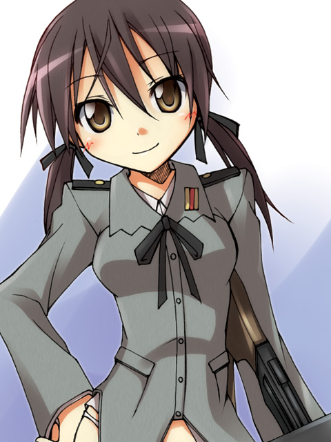 satakeyura, gertrud barkhorn, strike witches, world witches series, 00s, 1girl, blush, female focus, gun, ribbon, smile, solo, weapon