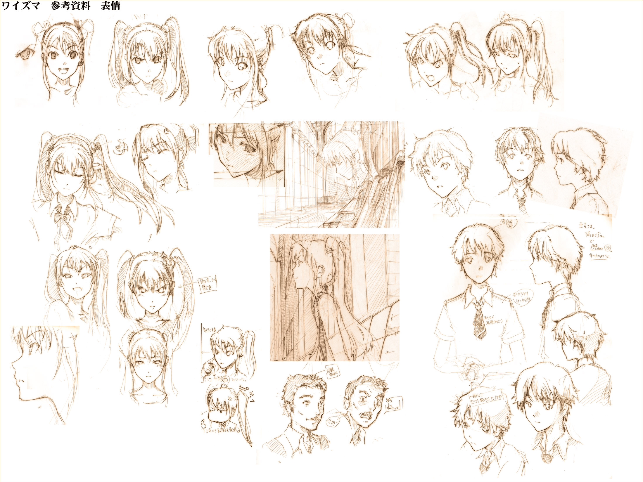 shiika sadamasa, hatsune miku, vocaloid, world is mine (vocaloid), graphite (medium), highres, traditional media, 1girl, 2boys, brown theme, monochrome, multiple boys, multiple views, sketch, twintails