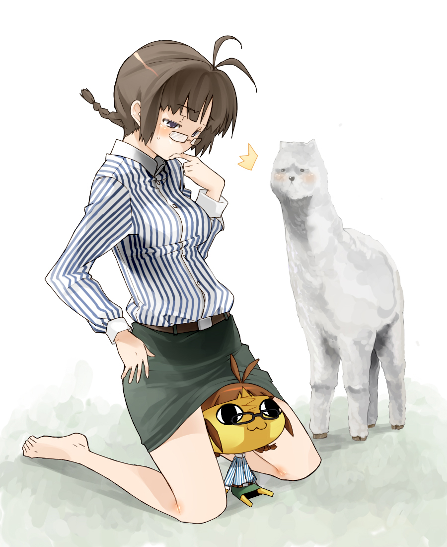 aka ume, akizuki ritsuko, idolmaster, idolmaster (classic), 00s, 1girl, :3, alpaca, barefoot, blush, braid, brown hair, feet, female focus, glasses, miniskirt, short hair, simple background, skirt, solo, surprised