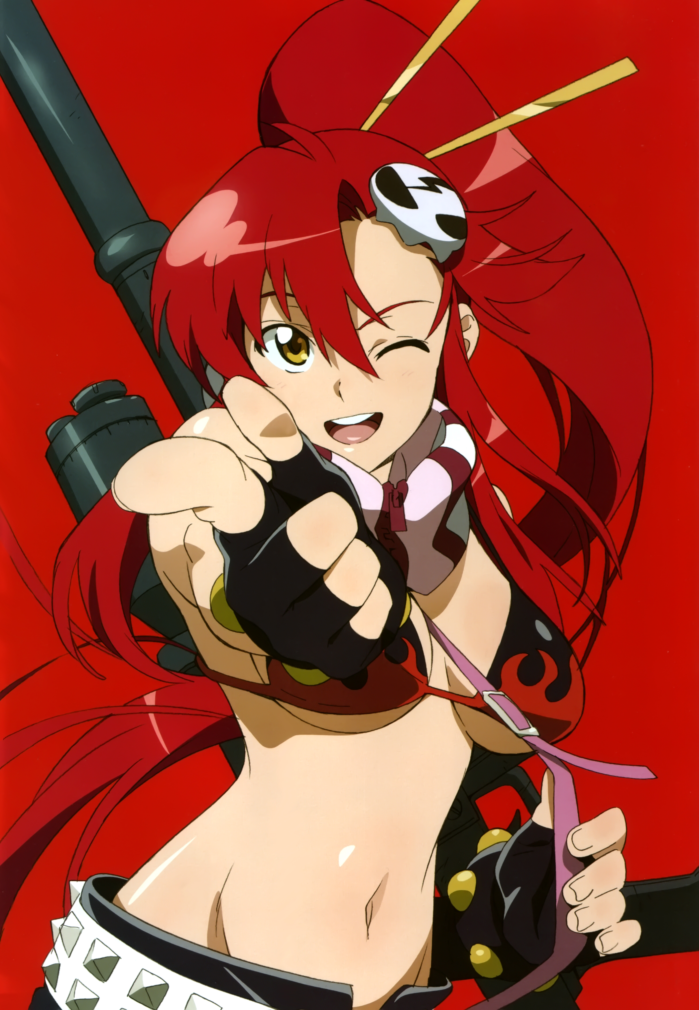 yoko littner, tengen toppa gurren lagann, absurdres, highres, scan, 00s, 1girl, anti-materiel rifle, bikini, bikini top only, black bikini, female focus, fingerless gloves, gloves, gun, hair ornament, long hair, midriff, one eye closed, open mouth, ponytail, red hair, rifle, scarf, sidelocks, smile, sniper rifle, solo, swimsuit, weapon, wink, yellow eyes