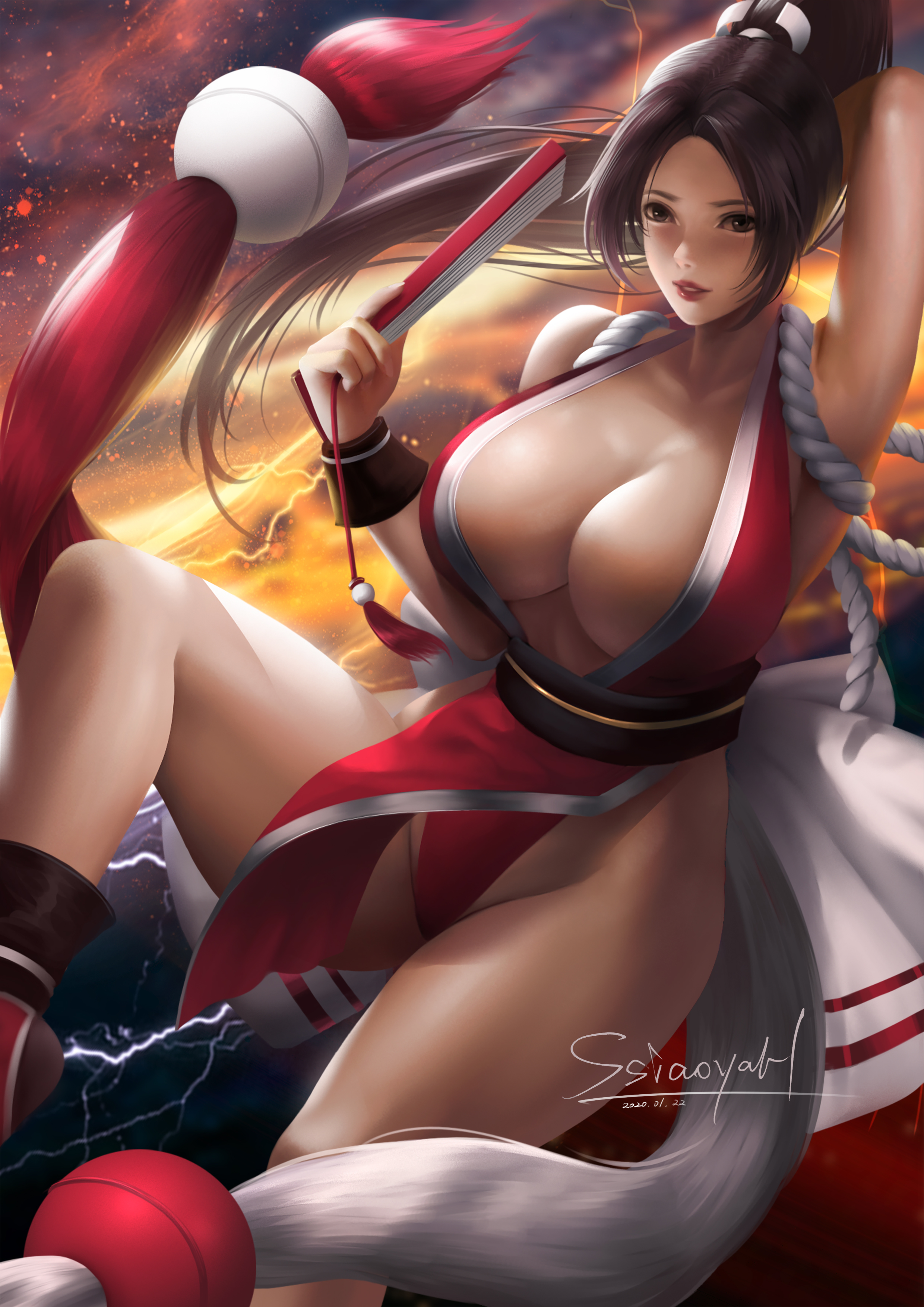zd 1995, shiranui mai, fatal fury, 2020, breasts, dated, huge breasts, long hair, solo