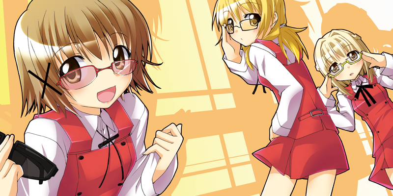 satakeyura, miyako (hidamari sketch), nazuna (hidamari sketch), yuno (hidamari sketch), hidamari sketch, 00s, 3girls, bespectacled, blonde hair, brown eyes, brown hair, glasses, multiple girls, red-framed eyewear, school uniform, short hair, yamabuki high school uniform
