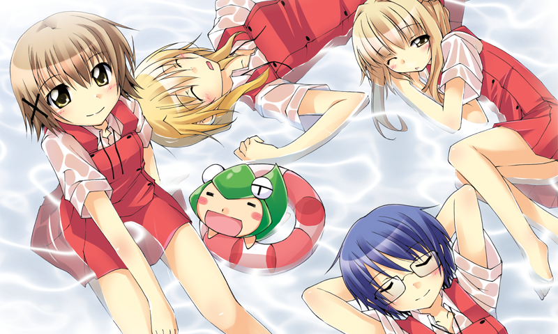 satakeyura, miyako (hidamari sketch), nazuna (hidamari sketch), sae (hidamari sketch), ume-sensei, yuno (hidamari sketch), hidamari sketch, 00s, 4girls, barefoot, blonde hair, blue hair, brown hair, innertube, multiple girls, submerged, swim ring, water