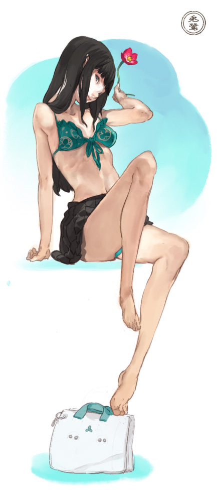toro (konirio), original, 1girl, bag, barefoot, bikini, bikini top only, black hair, feet, female focus, flower, front-tie top, long hair, sitting, skirt, solo, swimsuit