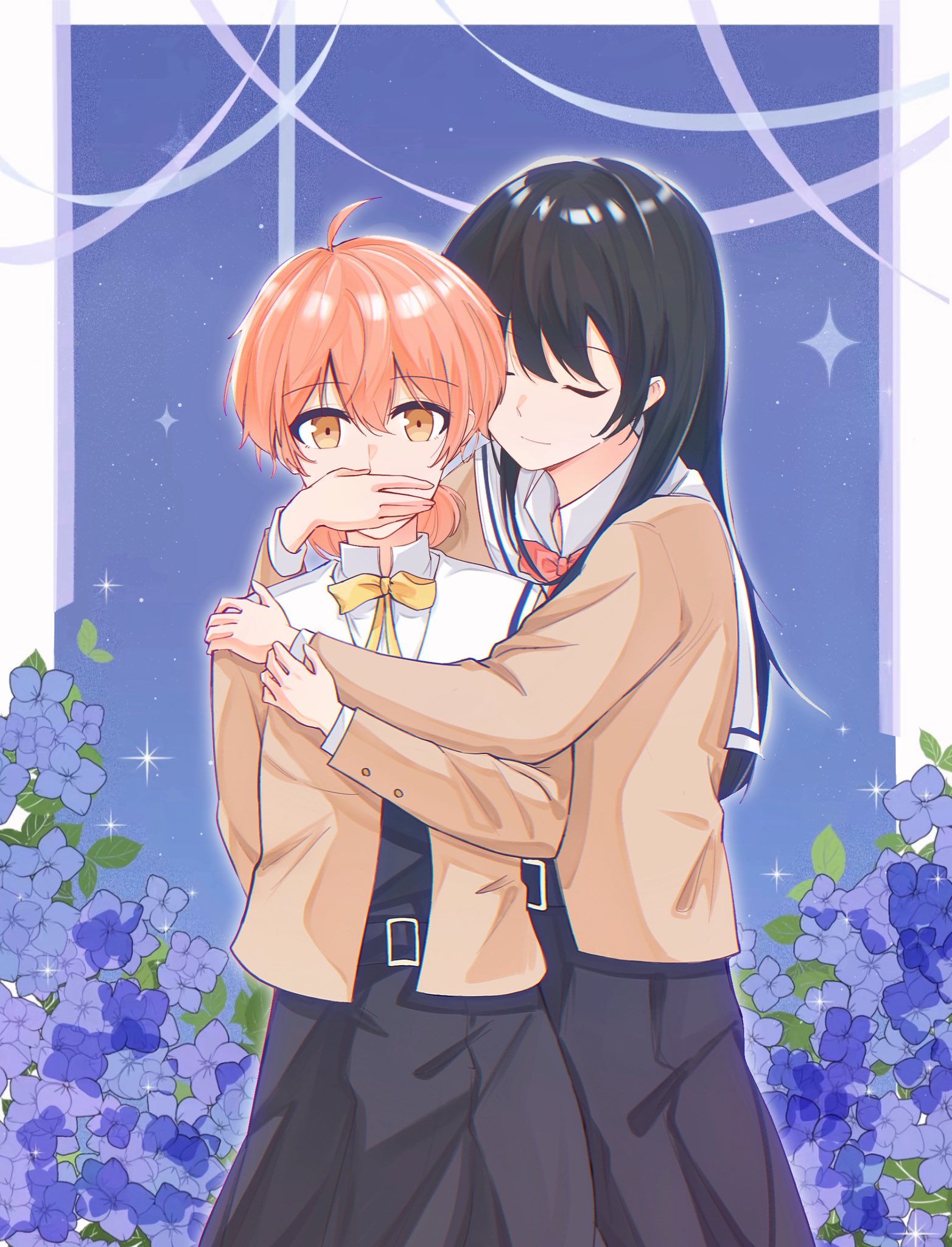 koito yuu, nanami touko, yagate kimi ni naru, commentary, hashtag-only commentary, highres, 2girls, ahoge, black dress, black hair, brown shirt, closed eyes, closed mouth, covering another's mouth, dress, hair between eyes, hug, long hair, long sleeves, mim120809, multiple girls, neck ribbon, orange eyes, orange hair, pink hair, red ribbon, ribbon, school uniform, shirt, short hair, tohmi higashi high school uniform, yellow ribbon, yuri