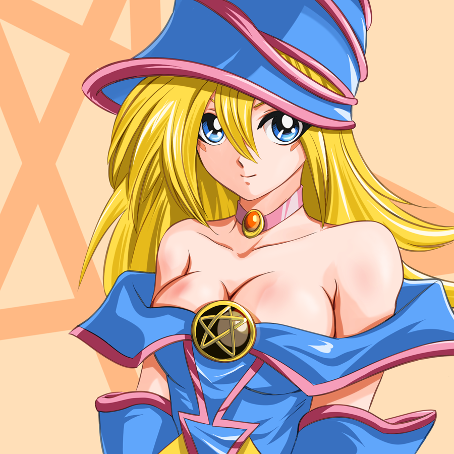 ashi ura, dark magician girl, yu-gi-oh!, yu-gi-oh! duel monsters, 1girl, bare shoulders, blonde hair, blue eyes, breasts, choker, cleavage, duel monster, female focus, hat, large breasts, pentacle, short hair, solo, witch hat, wizard hat
