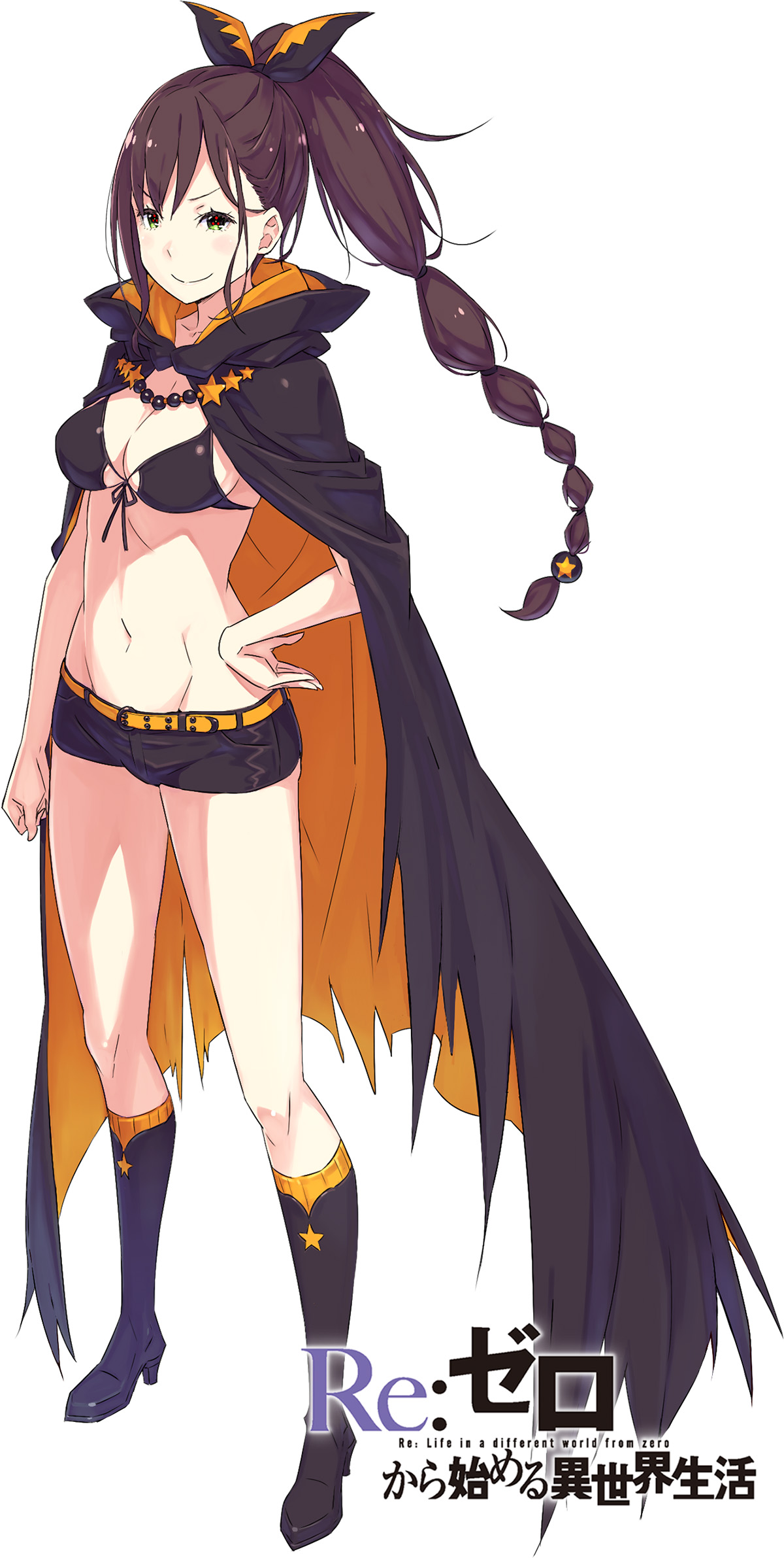ootsuka shin'ichirou, shaula (re:zero), re:zero kara hajimeru isekai seikatsu, highres, official art, 1girl, belt, bikini, black bikini, black boots, black cloak, black ribbon, black shorts, blush, boots, braid, braided ponytail, breasts, cloak, closed mouth, collarbone, copyright name, english text, front-tie bikini top, front-tie top, full body, green eyes, hair ribbon, hand on own hip, hood, hood down, hooded cloak, large breasts, long hair, looking at viewer, navel, ribbon, short shorts, shorts, sidelocks, simple background, socks, standing, star (symbol), swimsuit, tachi-e, thighhighs, two-tone cloak, two-tone ribbon, v-shaped eyebrows, very long hair, white background, yellow belt, yellow socks