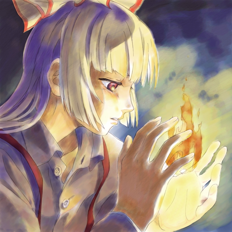 nakajimayou, fujiwara no mokou, touhou, light, 1girl, blunt bangs, close-up, female focus, fire, long hair, long sleeves, red eyes, sad, solo, suspenders, upper body, white hair