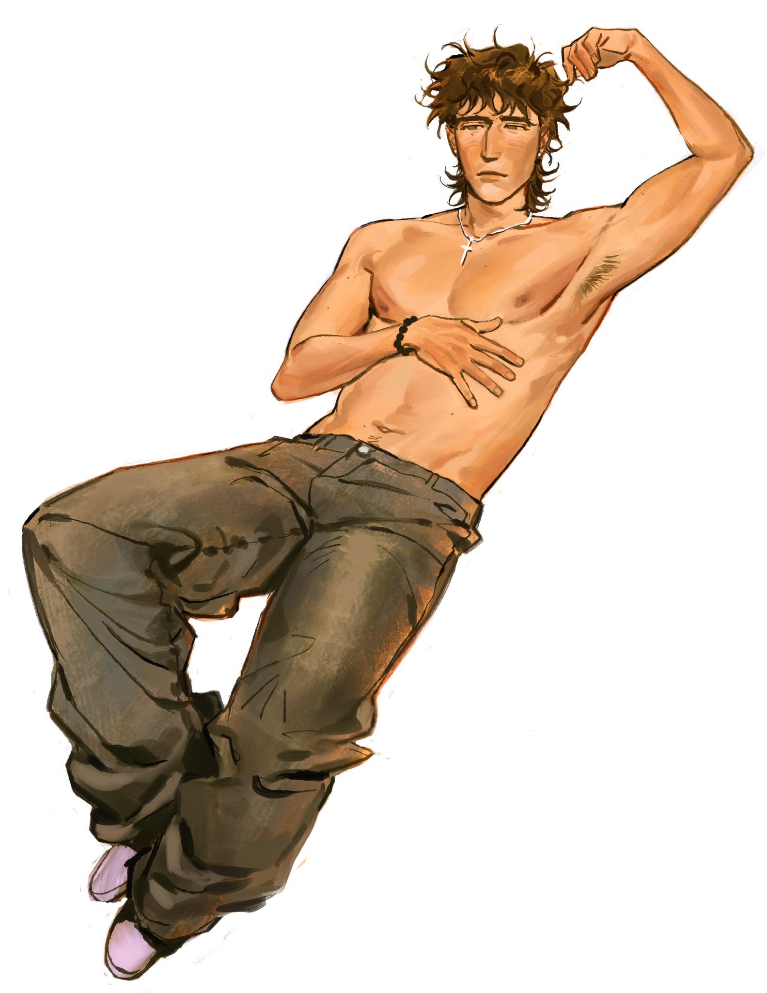 kunnuscumnus, original, silver necklace, commentary, english commentary, highres, 1boy, armpit hair, armpits, baggy pants, bead bracelet, beads, bracelet, brown hair, closed mouth, cross, cross necklace, denim, earrings, flexing, full body, green eyes, grey pants, half-closed eyes, hand on own stomach, holding, holding own hair, jeans, jewelry, looking to the side, male focus, messy hair, mole, mole on arm, mole on chest, mole on stomach, mole under eye, mullet, multiple moles, navel, necklace, nipples, no sclera, pants, rowan (kunnuscumnus), shoes, simple background, stomach, stud earrings, undercut, wavy hair, white background, white shoes