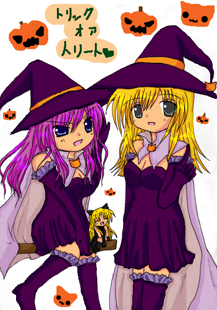 kahlua marjoram, ranpha franboise, tequila marjoram, galaxy angel, galaxy angel rune, translated, 00s, 2girls, angel, angry, animal ears, blonde hair, blue eyes, breasts, broom, broom riding, cape, cat ears, chibi, cleavage, dual persona, elbow gloves, gloves, grey eyes, halloween, hat, mini person, minigirl, multiple girls, pumpkin, purple hair, simple background, text focus, thighhighs, white background, witch, witch hat, zettai ryouiki